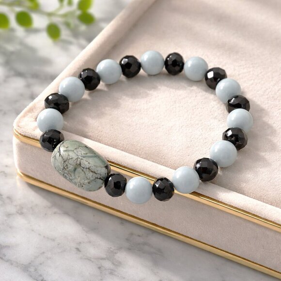 Handmade Beaded Stretch Bracelet with Tourmaline Quartz Light Blue & BlacK - Picture 4 of 4